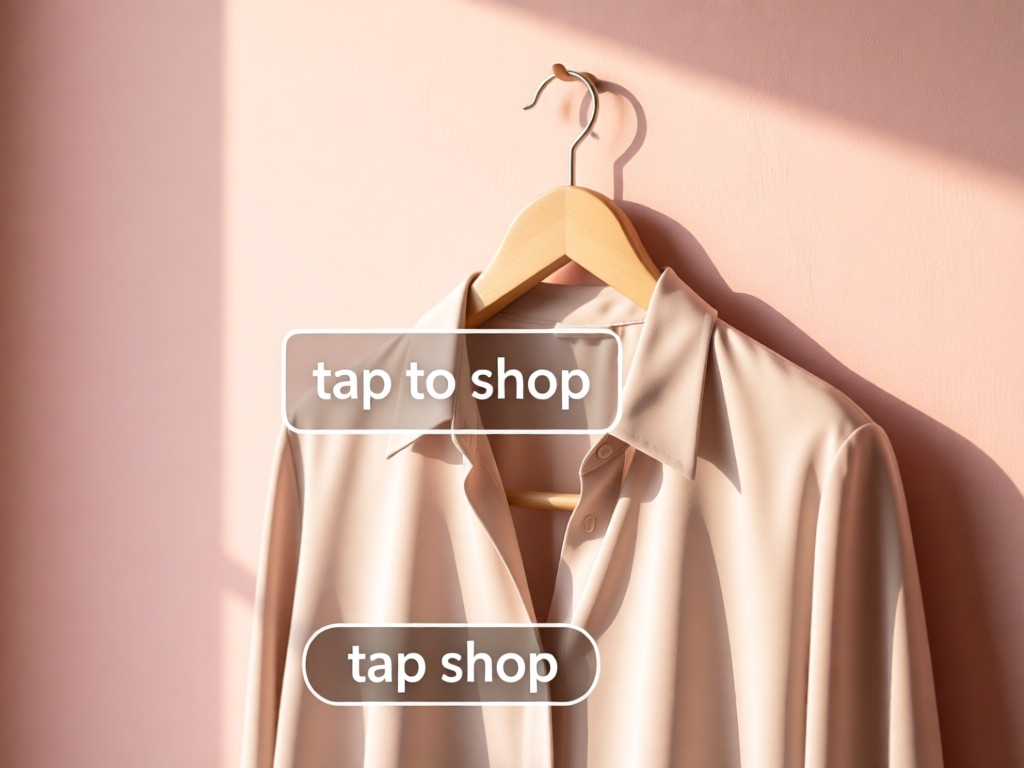 Minimalist wooden hanger holding a designer blouse against blush-pink wall. Soft focus on a 'tap to shop' icon overlay. Warm daylight. No people.
