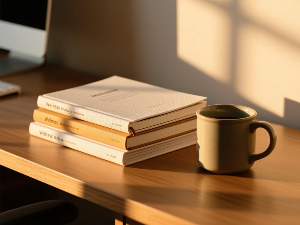 Neatly stacked wellness journals and a ceramic mug on a wooden desk during golden hour, soft shadows, warm highlights on textured paper, minimalist professional aesthetic.