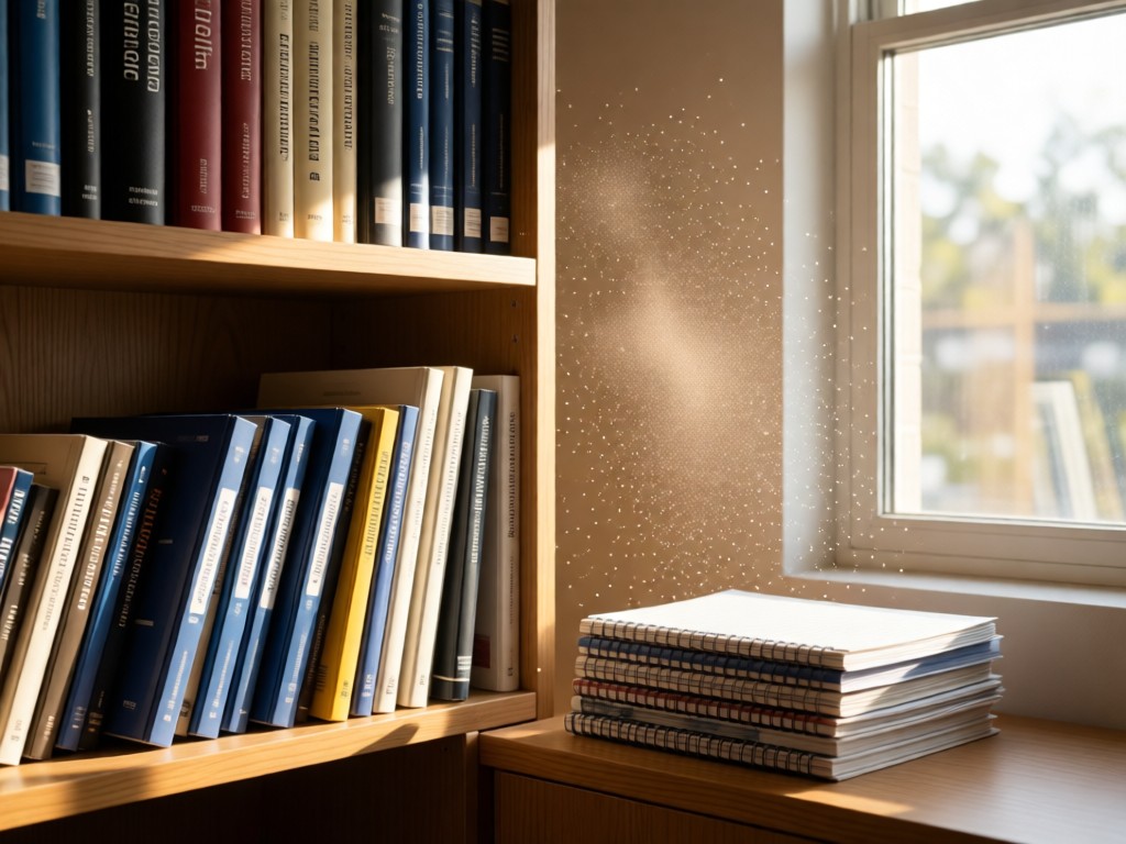 A minimalist bookshelf holding peer-reviewed journals and research binders. Sunlight streams through window, illuminating dust particles above a tidy stack of lab notebooks. No people.