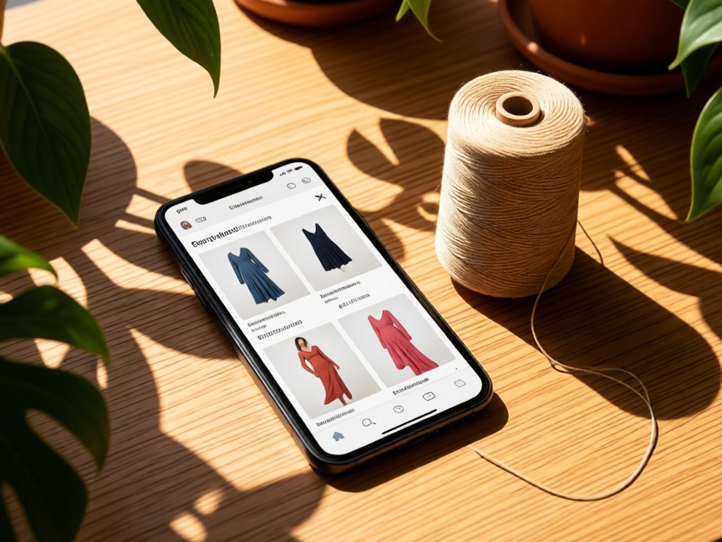 A smartphone displaying a responsive maternity wear portfolio beside a spool of organic thread. Sunlight streams through nearby plants creating dappled shadows on a wooden surface.