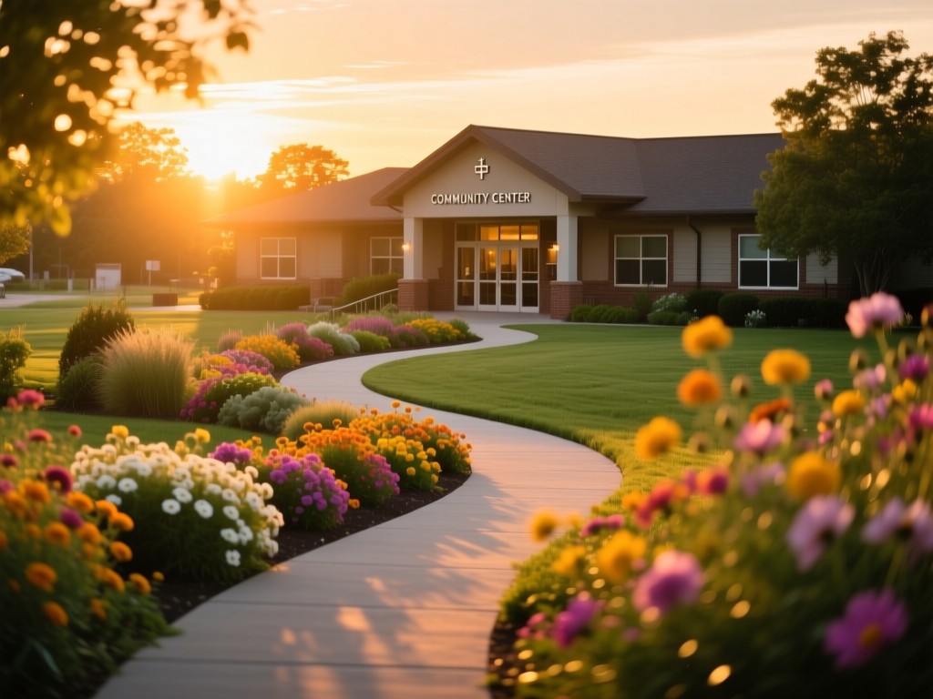 Winding garden path leading to community center at sunset, dappled golden light on vibrant flowers, soft focus background, no people present.