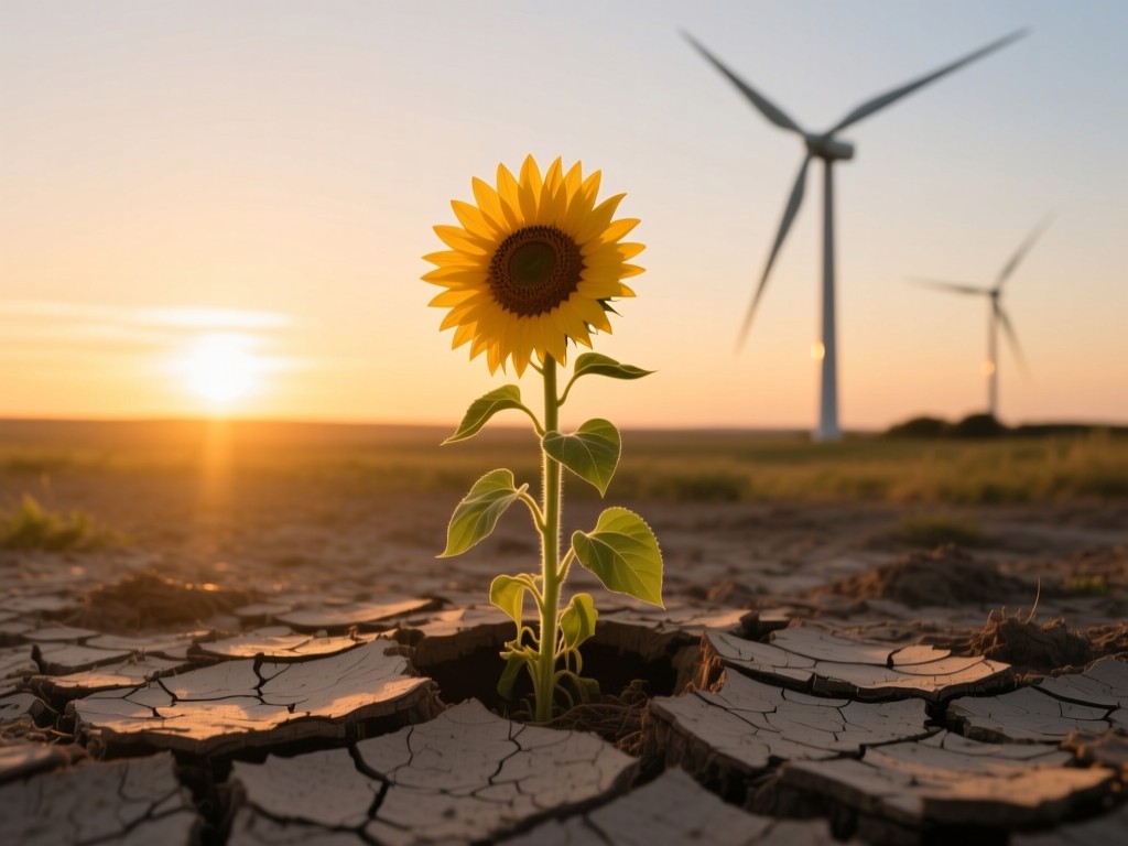 A single sunflower growing through cracked earth at sunset, facing towards distant wind turbines, symbolizing growth and renewable energy, warm golden light, soft shadows, minimalist composition.