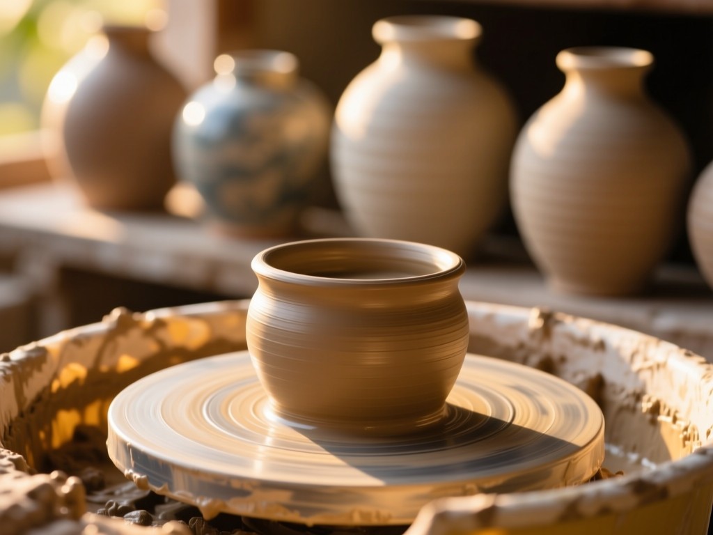 A potter's wheel with fresh clay during golden hour, soft sunlight highlighting texture, finished ceramic vases in background bokeh, warm natural lighting, shallow depth of field, no people.