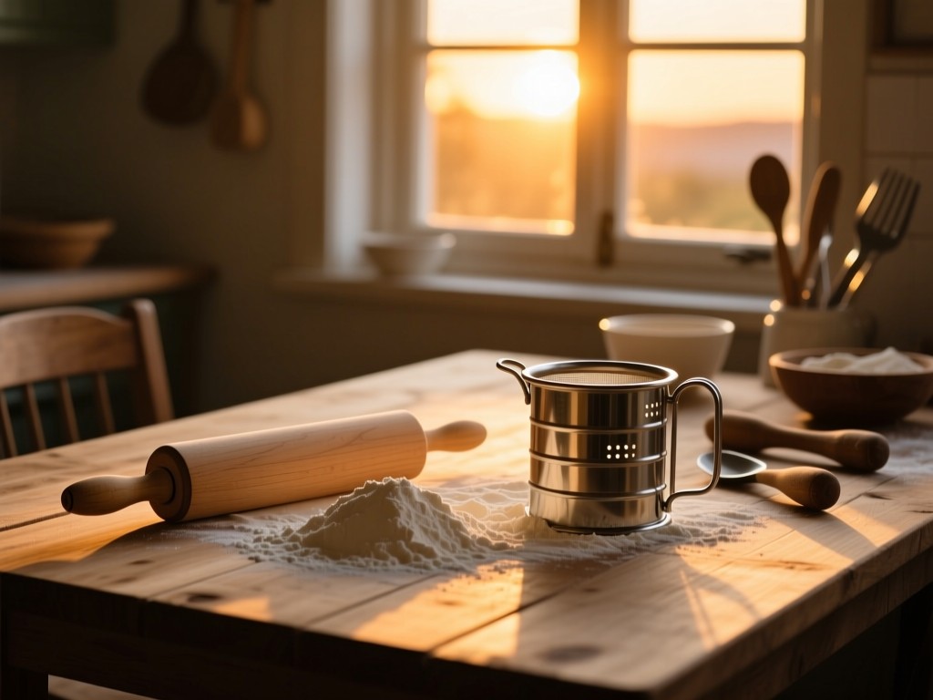Vintage rolling pin and flour sifter on a wooden table at sunset, golden light streaming through window, baking tools neatly arranged, soft shadows, minimalist composition.