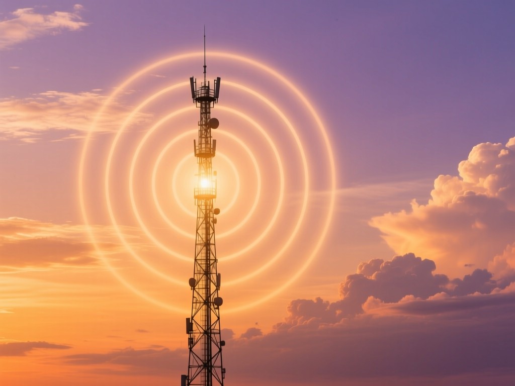 A single towering radio mast against golden hour skies, emitting concentric sound waves symbolizing reach and amplification, soft cloud textures, warm color gradient from orange to purple, no people.