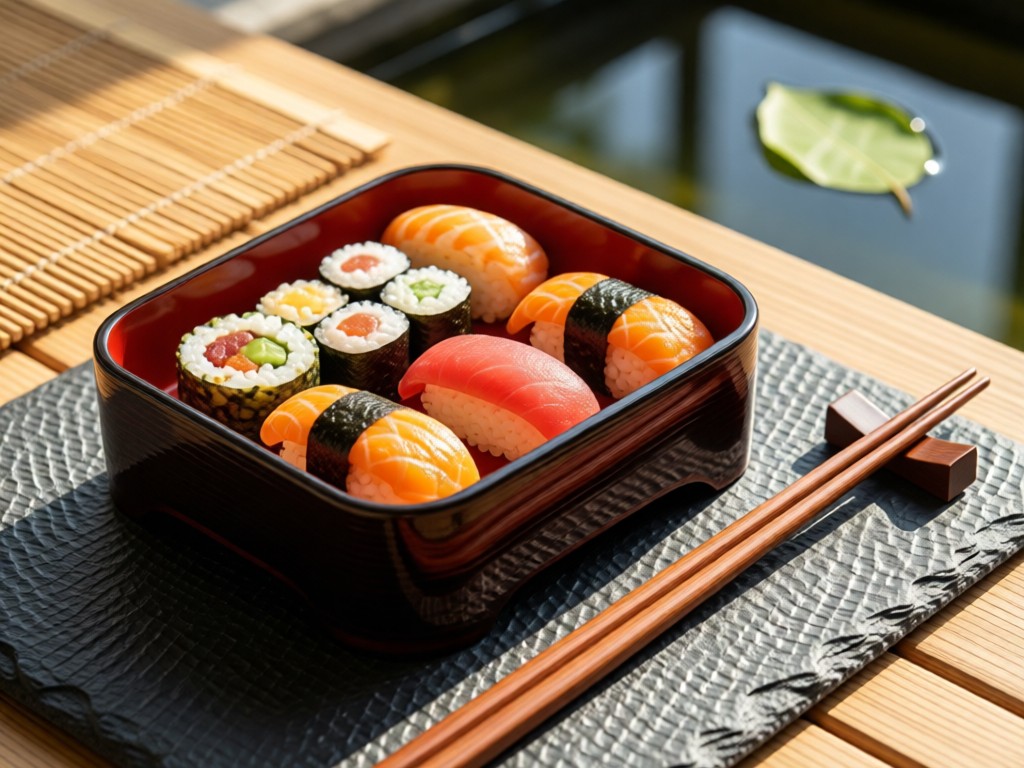 Close-up of a lacquered bento box with artfully arranged sushi on textured slate. Chopsticks rest diagonally beside it, catching afternoon sun. Blurred background features bamboo placemats and a single tea leaf floating in water.