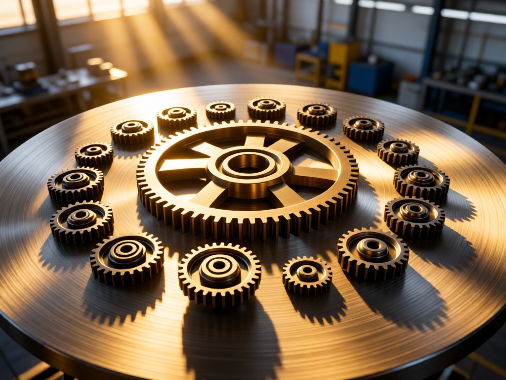 Aerial view of precision gear assemblies arranged in concentric circles on a brushed metal surface. Golden hour light creates radiating shadows emphasizing engineering precision against soft-focus factory environment. No people.