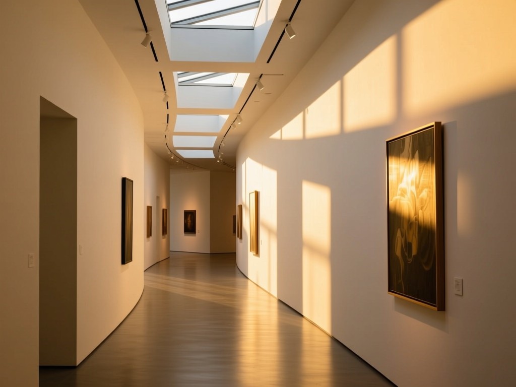 A winding gallery corridor lit by golden hour light streaming through skylights, empty white walls ready for artwork, minimalist perspective, warm natural tones.