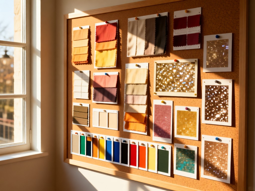 A corkboard with pinned fabric swatches, paint chips, and glitter samples. Sunlight streams through nearby window. Warm, creative, organized feel. No people.