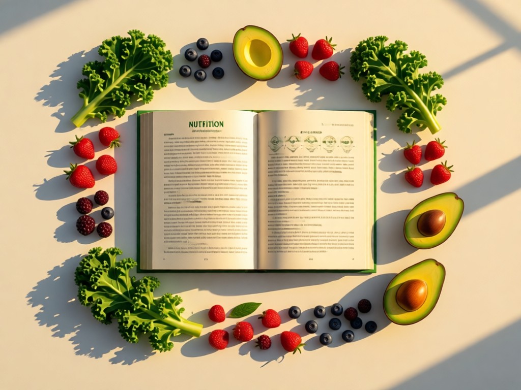 Aerial view of an open nutrition textbook with fresh produce artfully arranged around it. Kale, berries, and avocados create color accents on a clean surface. Golden hour light casts soft geometric shadows. No people.