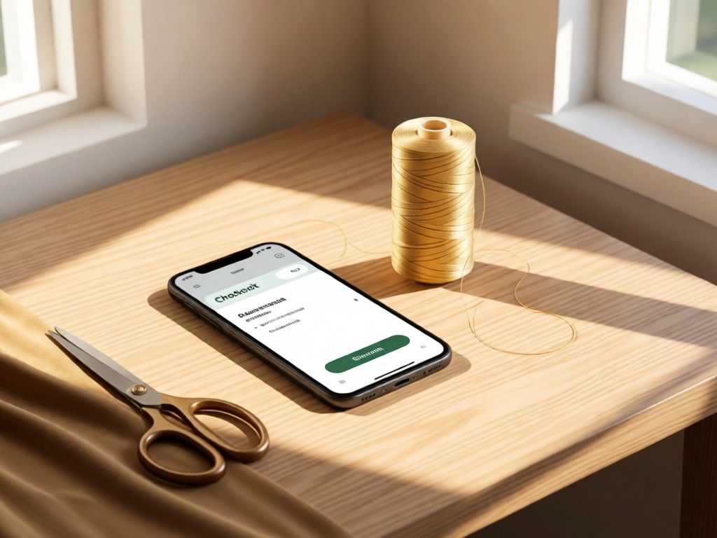 Minimal desk setup: smartphone showing a 'Checkout' screen beside a spool of gold thread and fabric scissors. Soft afternoon light, clean composition. No people.