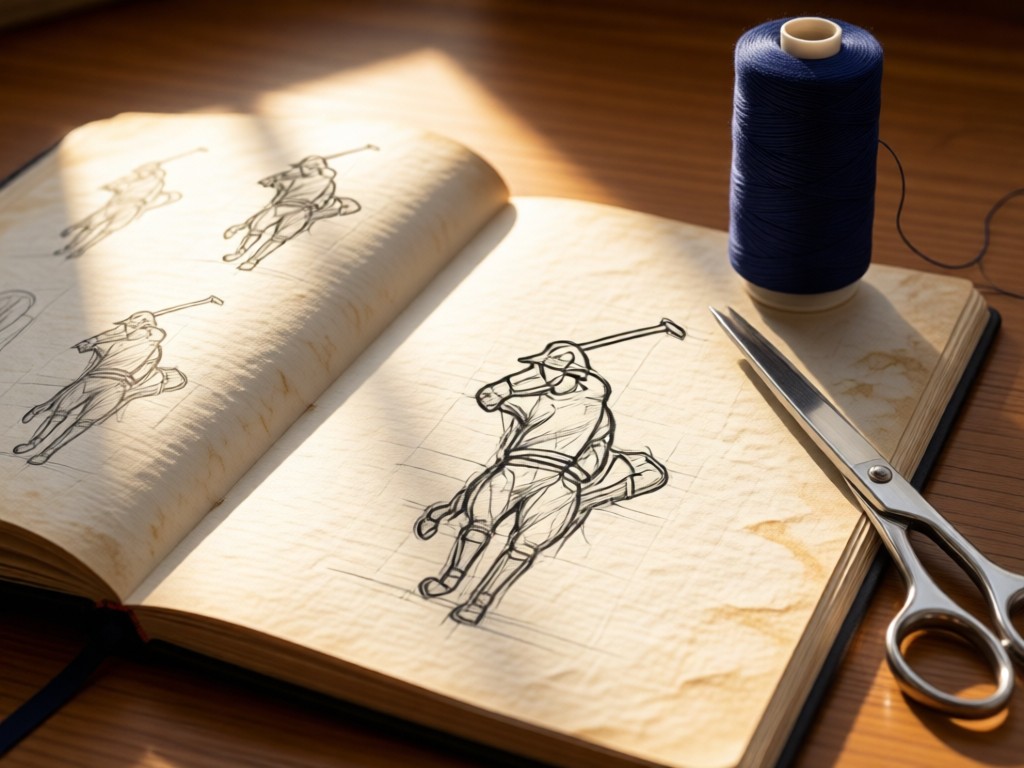 An open fashion sketchbook beside a spool of navy thread and silver scissors. Sunlight illuminates pencil sketches of polo player logos on textured paper. Warm, focused composition. No people.