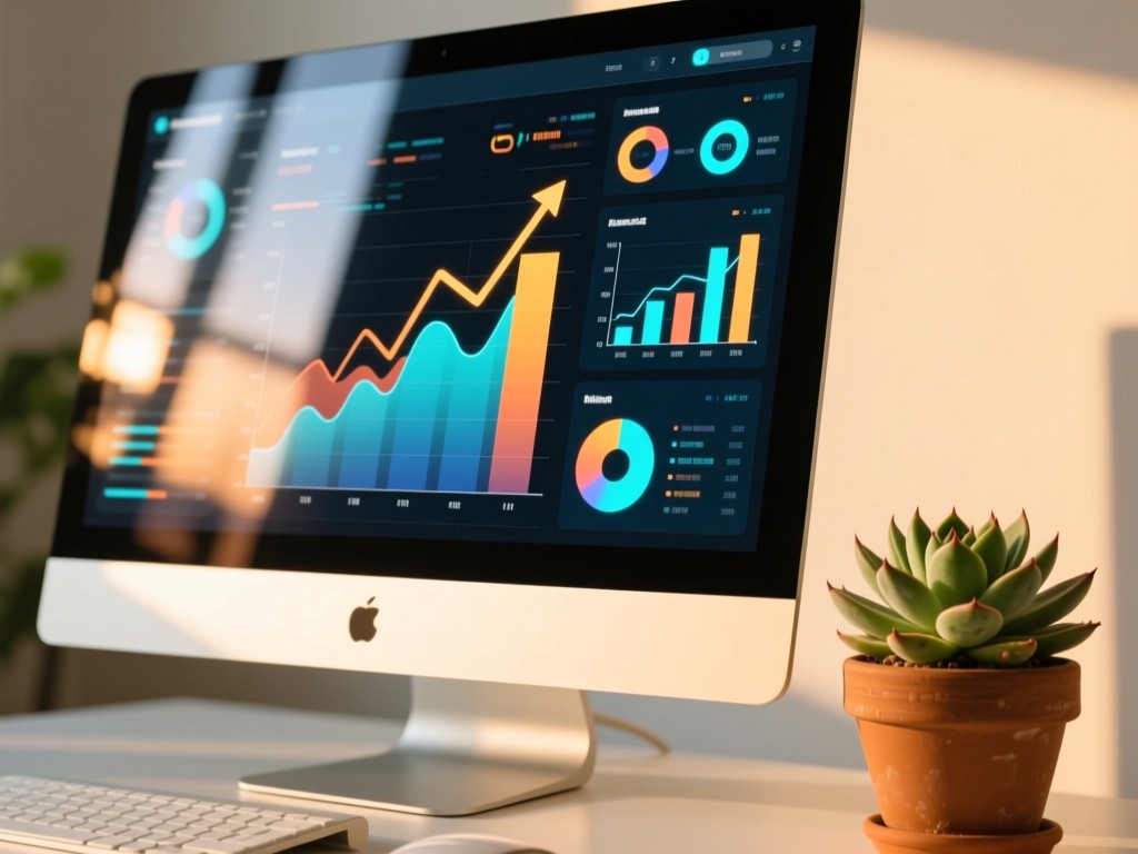 Close-up of a sleek monitor displaying vibrant data visualizations. Warm sunlight reflects on the screen, highlighting growth charts. A potted succulent sits beside it. Clean tech aesthetic. No people.