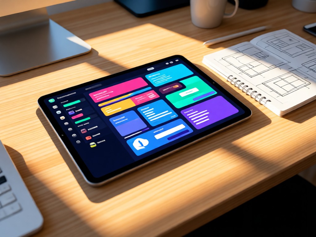 A modern desk with a tablet showing interactive platform UI mockups. Sunlight highlights the screen's vibrant colors. A notebook with sketched wireframes lies open beside it. No people.