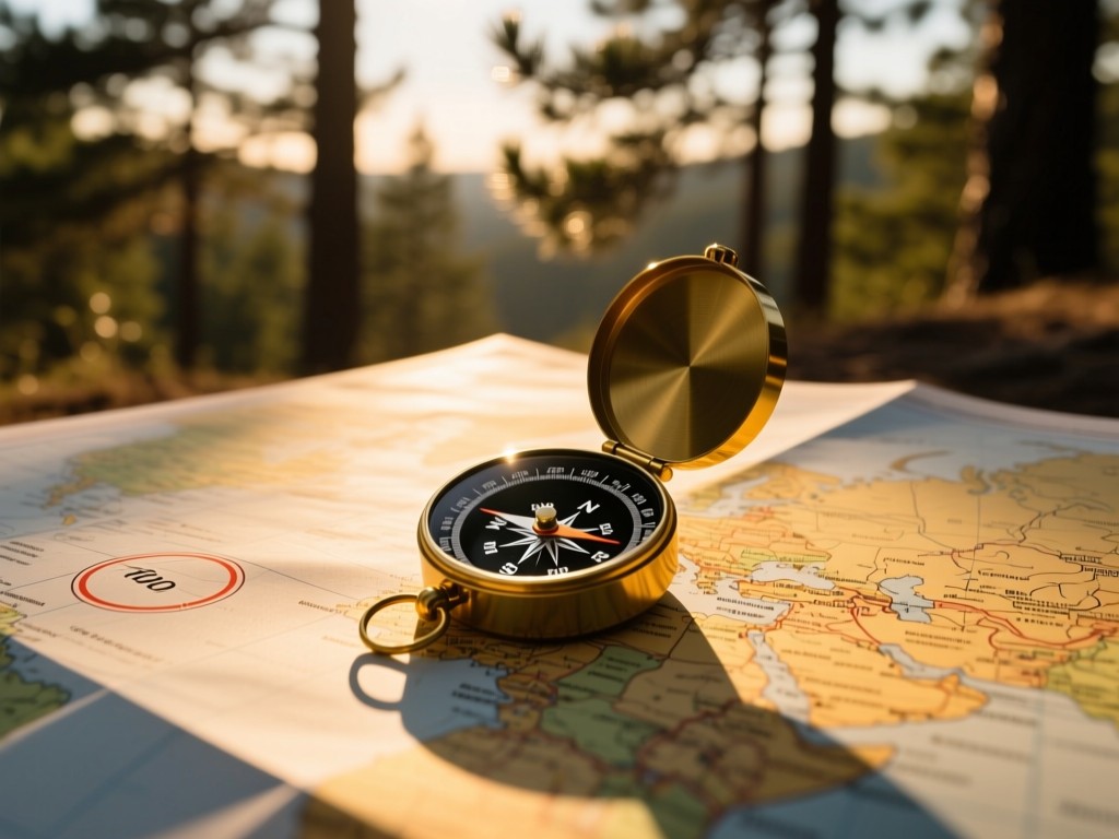 A compass resting on a map with camera lens markings. Golden hour light creates long shadows. Blurred pine trees in background. No people.