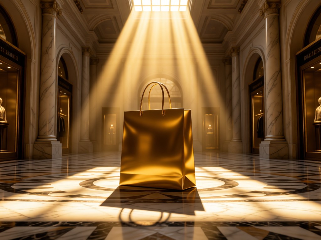 Single iconic shopping bag centered in a sunlit marble atrium. Golden hour beams create dramatic spotlight effect. Symbolizes premium retail focus. No people.