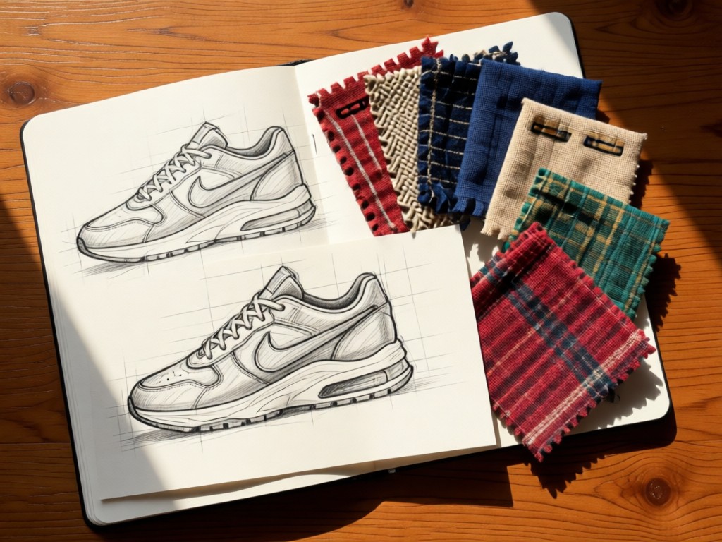 Flat lay of sketchbook pages featuring sneaker designs beside fabric swatches. Natural light highlights textured materials and pencil sketches. Warm wooden background. No people.