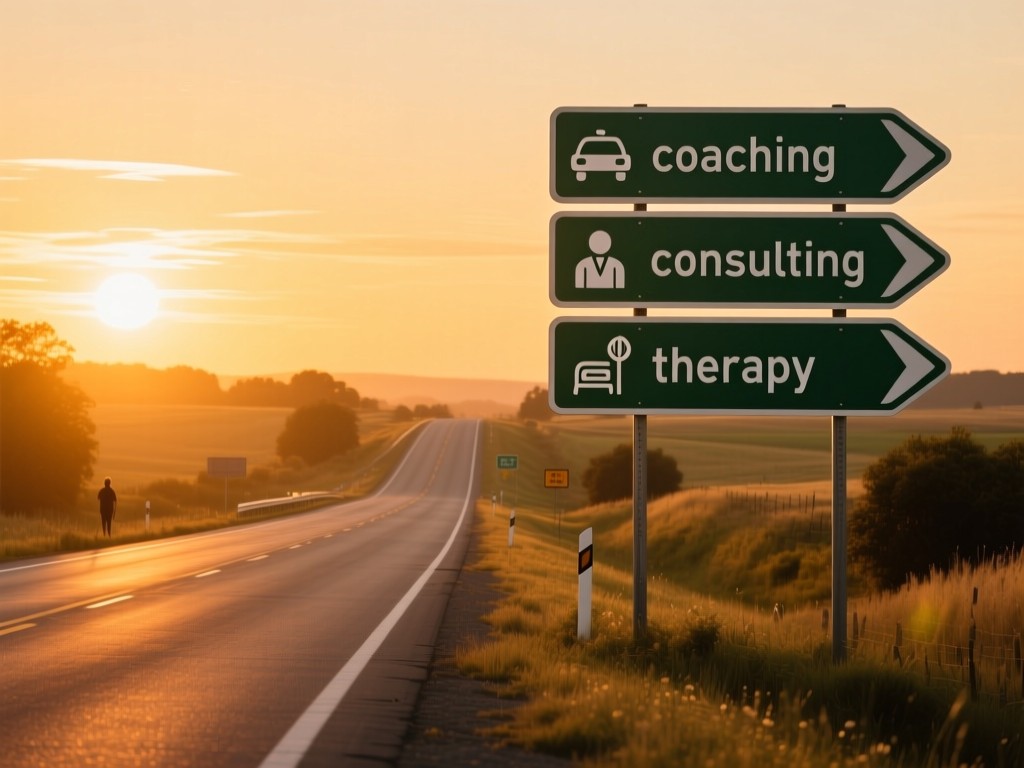 An open road at golden hour with clear signposts showing service icons (coaching, consulting, therapy). Symbolizes clear client journeys. Warm tones with deep perspective. No people.