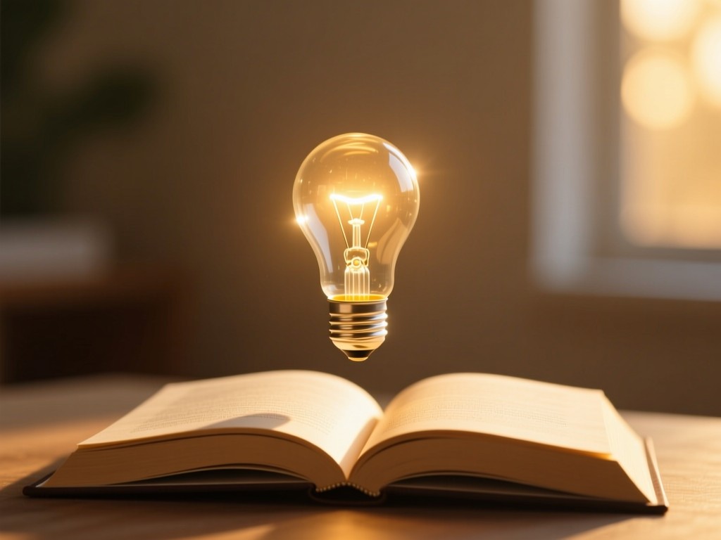 A single glowing lightbulb hovering above open textbooks during golden hour, casting warm illumination, symbolizing educational innovation, soft shadows, minimalist composition, no people.