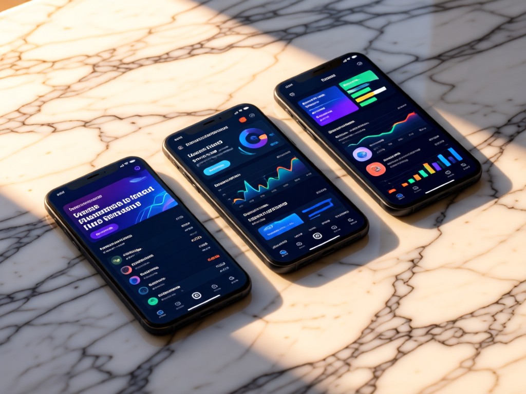 Three sleek smartphones displaying different venture portfolio pages on a marble surface. Soft shadows cast by late afternoon sun. Clean tech aesthetic with natural stone textures. No people.