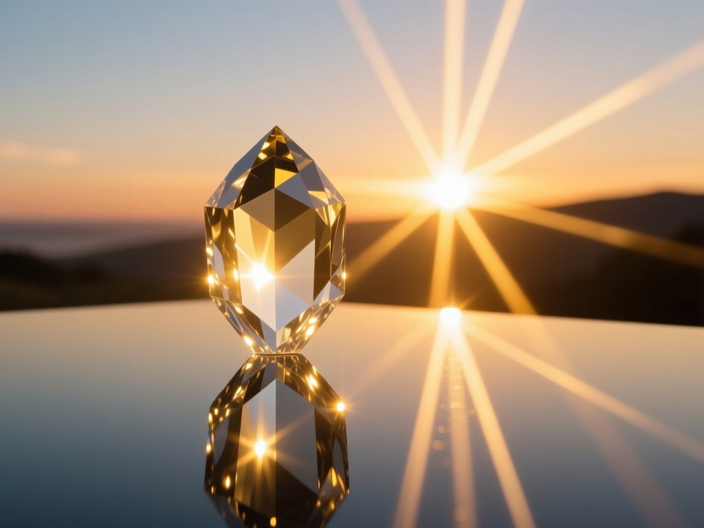 A single glowing crystal on a mirrored surface during sunset, refracting golden light into multiple beams, symbolizing clarity and transformation, minimalist luxury aesthetic.