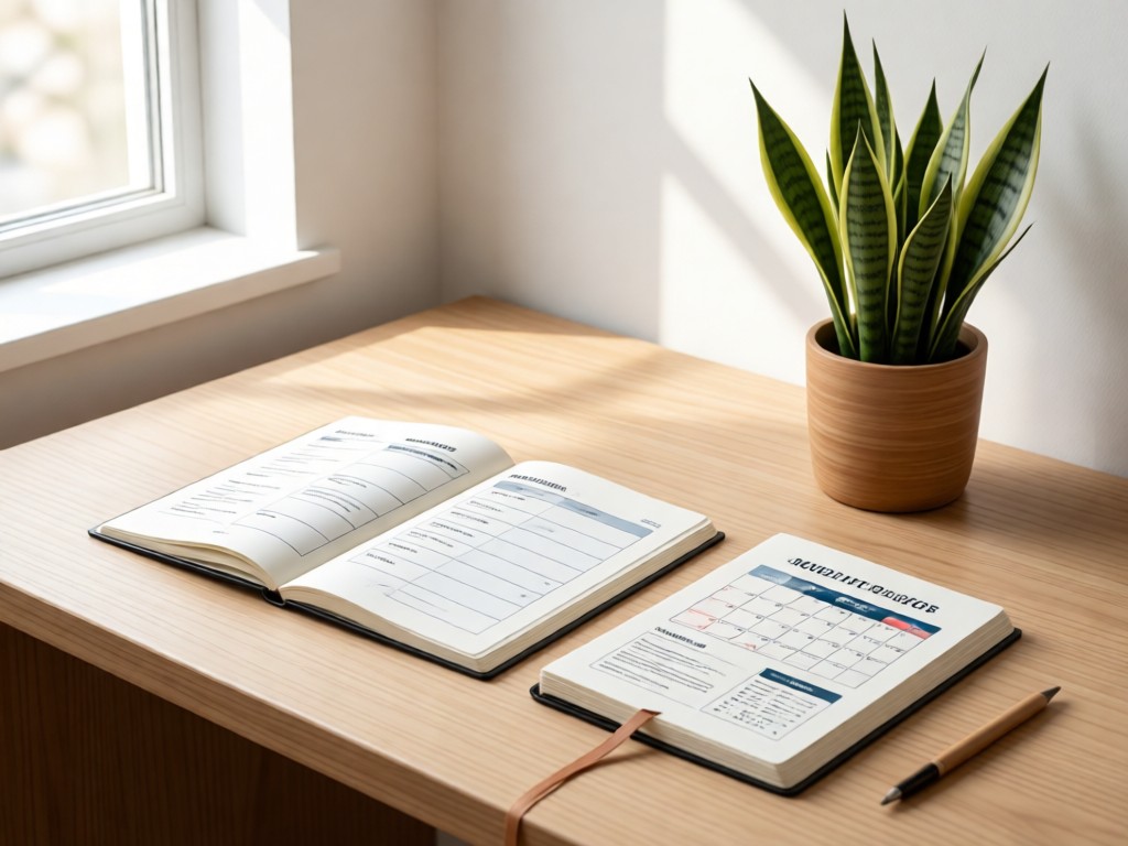 A minimalist desk with open journals showing service lists and calendars. A potted snake plant beside them in soft daylight. Clean, organized aesthetic. No people.