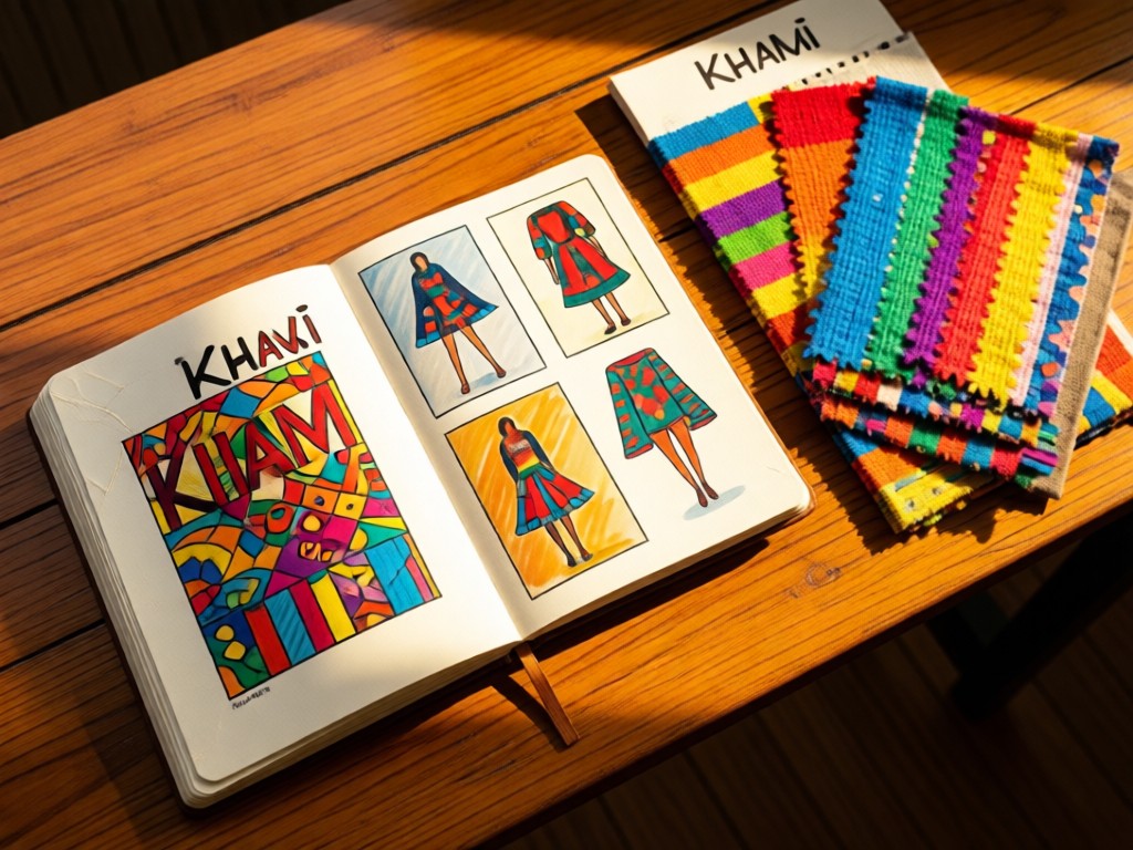Aerial view of an open sketchbook with Khaadi design illustrations beside vibrant fabric swatches on a sunlit wooden table. Golden hour light creates warm textures. No people.