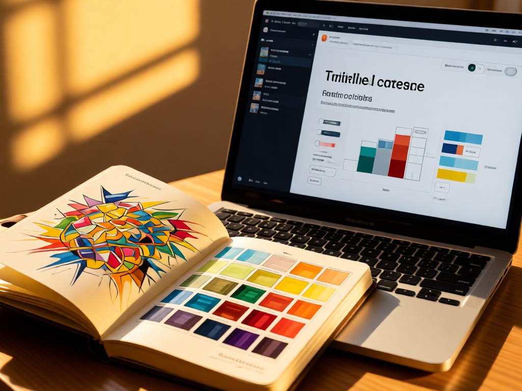 Close-up of a designer notebook open to color palette sketches beside a MacBook showing a clean portfolio template. Golden hour light emphasizes cohesion between analog and digital. No people.