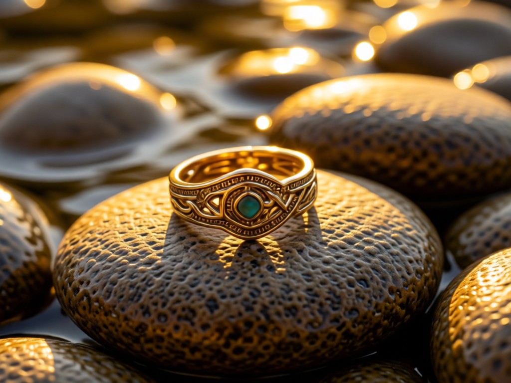 A single statement piece of body jewelry resting on smooth river stones in golden hour. Sunlight emphasizes craftsmanship against natural textures. Symbolizes focus on quality. No people.