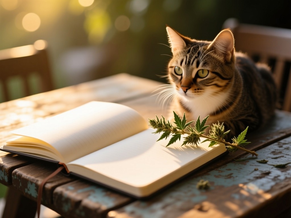 An open notebook beside a catnip sprig on a rustic table, golden hour light highlighting blank pages, soft bokeh background, no text.