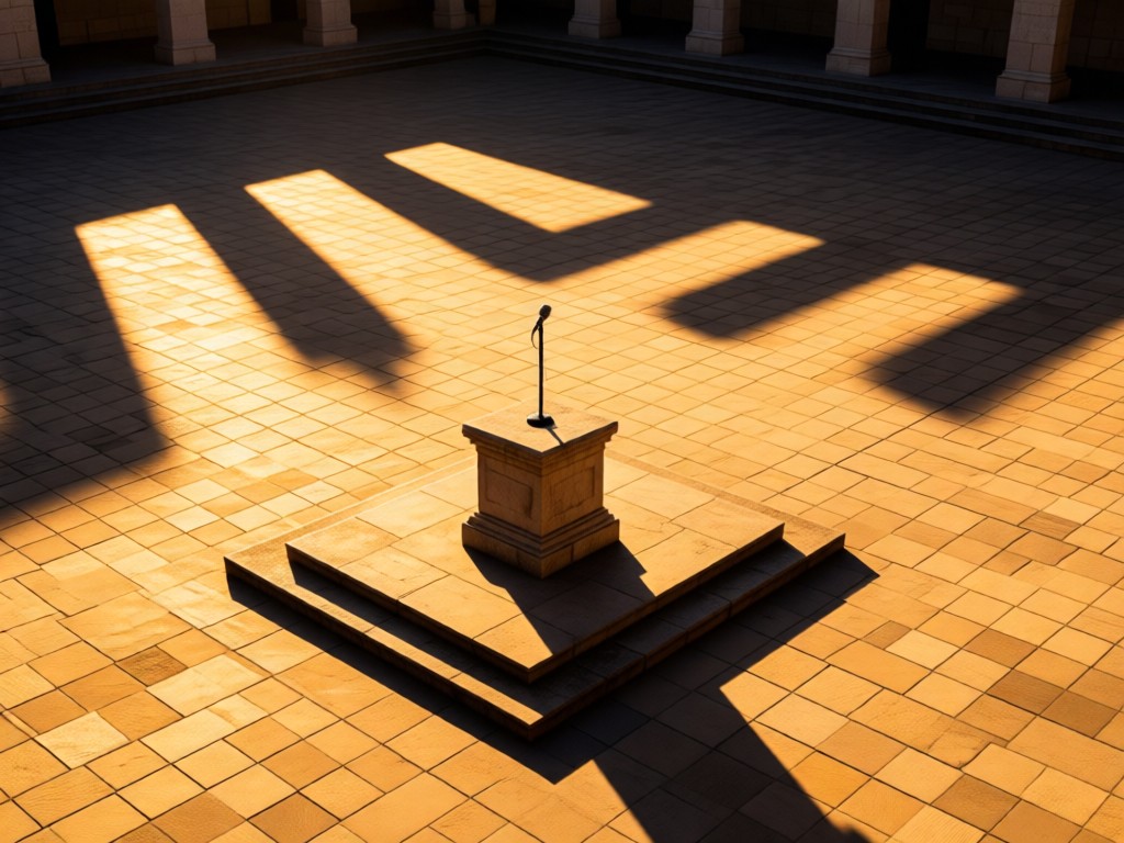 Aerial view of a historic stone podium in an empty sunlit courtyard. A single microphone stands ready. Long shadows stretch across flagstones. Symbolizes authority and accessibility. Golden hour. No people.
