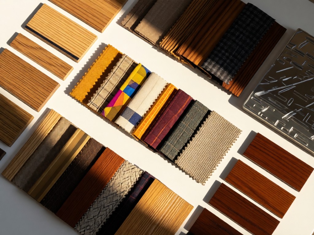 Overhead shot of material samples arranged on a white surface: wood grains, fabric swatches, metal finishes. Warm sunlight creates depth through texture variations. No people.
