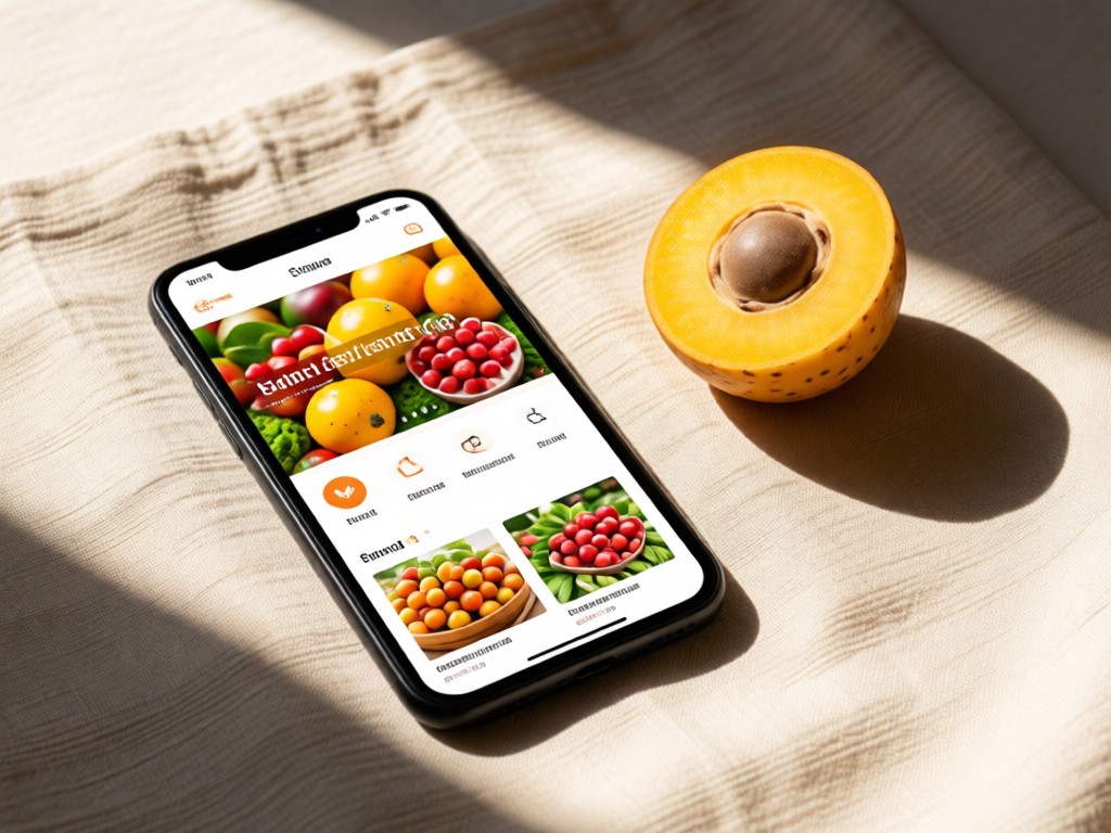 A smartphone displaying a vibrant grocery website beside fresh lucuma fruit on a linen cloth. Soft shadows create depth. Clean composition with breathing space. No people.