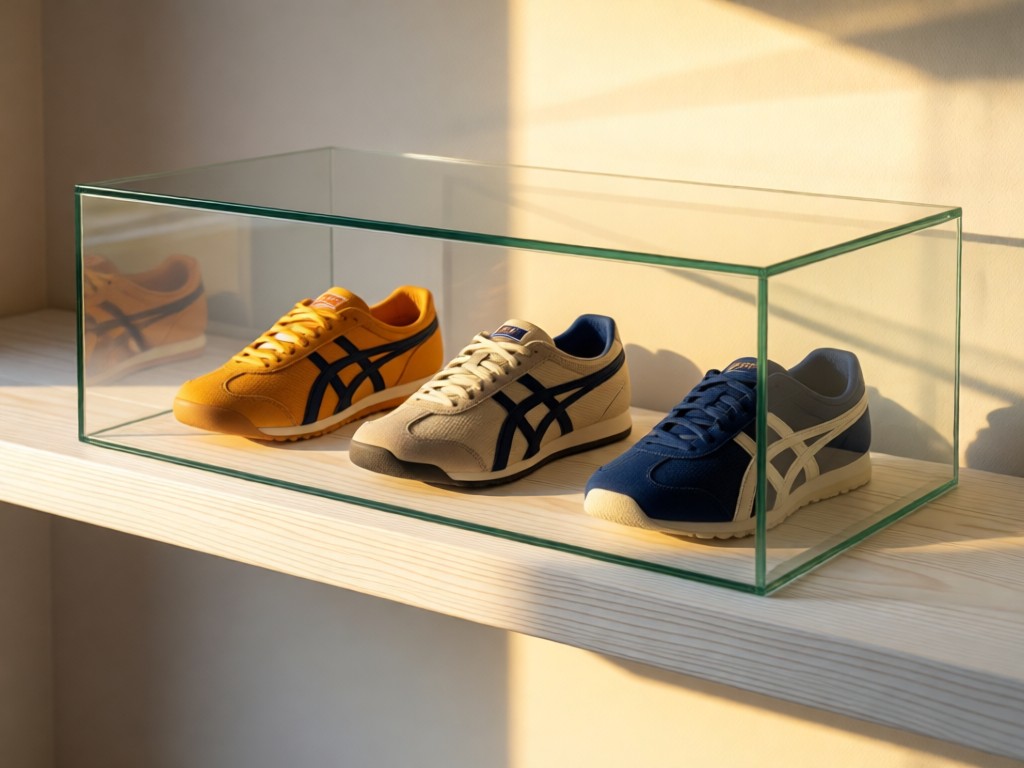 Minimalist glass display case holding three iconic Onitsuka Tiger models. Soft shadows cast on white oak shelf. Golden light emphasizes color variations. No people.