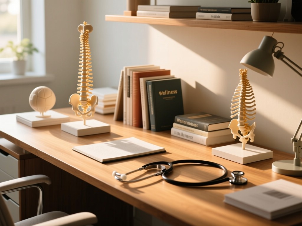 An organized desk with spine models, wellness books, and a stethoscope arranged artistically. Soft morning light creates warm highlights on the wooden surface. No people.
