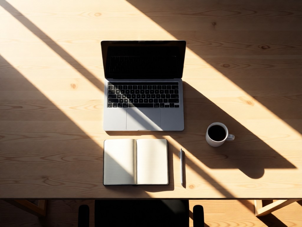Aerial view of a perfectly organized workstation: laptop aligned with notebook and coffee cup. Morning sun creates long shadows across the minimalist setup, symbolizing efficiency. No people.