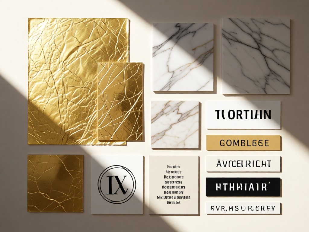 Overhead shot of a mood board featuring gold foil samples, marble textures, and minimalist typography swatches. Natural light creates depth. No people.