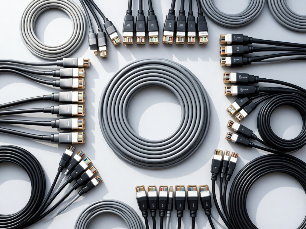 Overhead view of organized Panasonic cables and connectors on a light gray surface. Perfectly coiled wires create geometric patterns in soft daylight. No people.