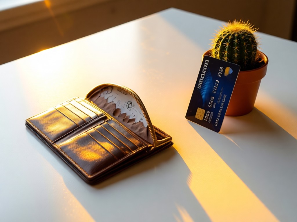 A clean white table with a wallet opened to reveal empty card slots. Golden hour light creates warm highlights on the surface. A single credit card leans against a small potted cactus. No people.