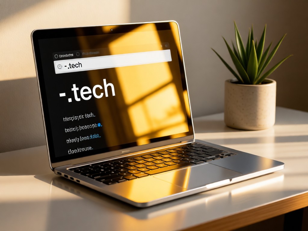 A sleek laptop displaying a clean URL bar with '.tech' domain. Golden light reflects on its aluminum surface beside a minimalist desk plant. No people.