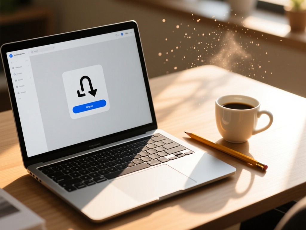 A sleek laptop displaying a simple drag-and-drop interface next to a perfectly sharpened pencil and coffee cup. Warm sunlight streams across the desk, highlighting dust motes. No people.