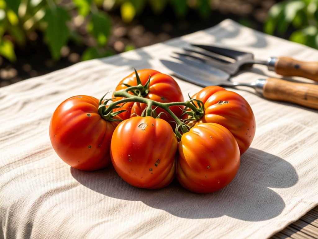 Artistic flat lay of heirloom tomatoes on a textured linen cloth. Morning light highlights vibrant colors and natural imperfections. Soft focus on garden tools in background. No people.