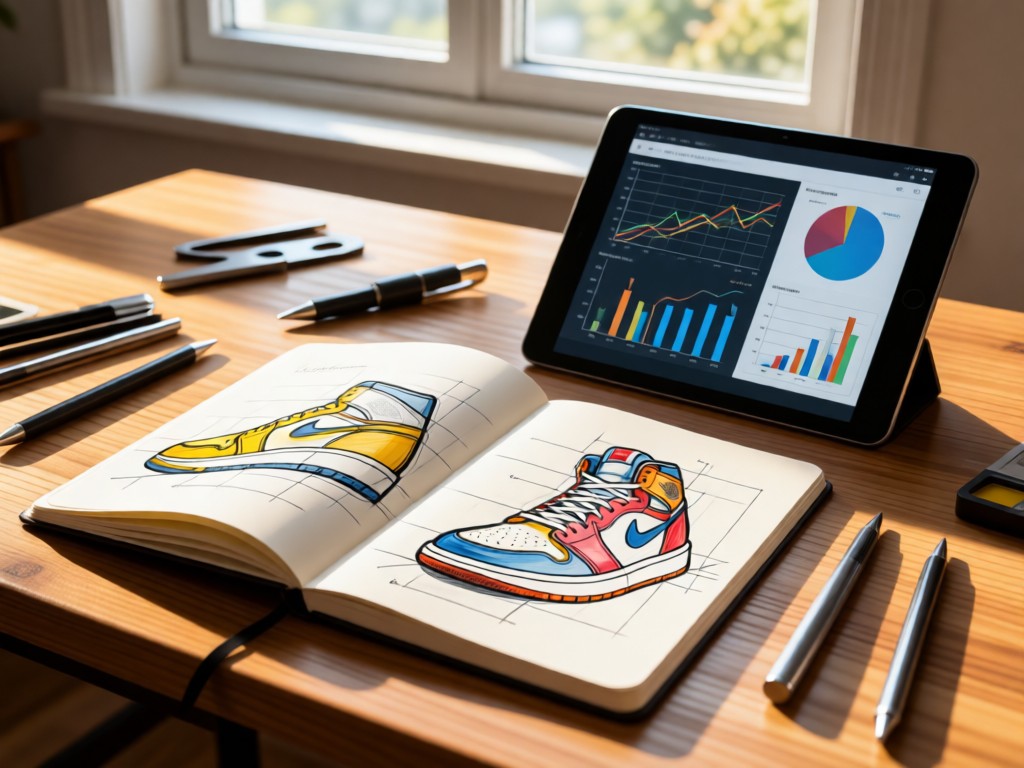 Open sketchbook with sneaker design concepts beside a tablet showing analytics charts. Natural wood desk, morning light through window. Focus on tools of creation. No people.