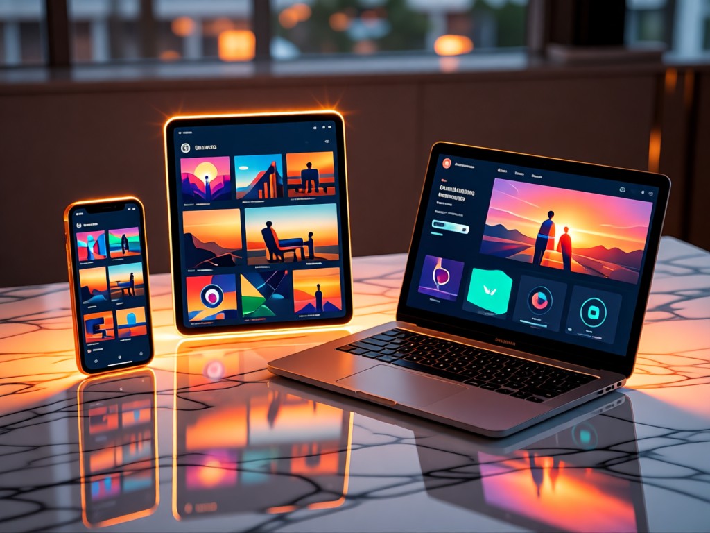Three glowing devices (phone, tablet, laptop) showing cohesive portfolio visuals on a marble surface. Sunset light creates warm reflections. Technology harmony. No people.