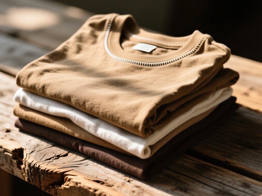 A neatly folded stack of organic cotton t-shirts in earthy tones on a reclaimed wood surface. Sunlight highlights fabric texture and stitching details. No people.