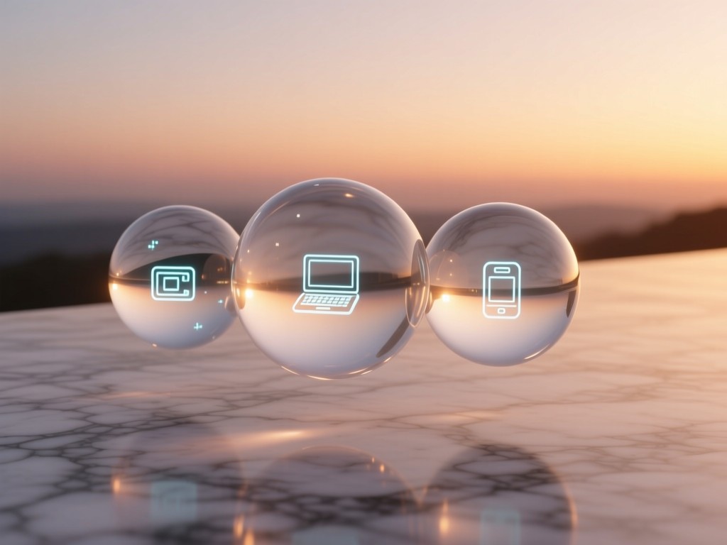 Three interconnected transparent spheres hovering over a marble surface at dusk, each containing tiny digital product icons, warm ambient glow, negative space composition, no humans.