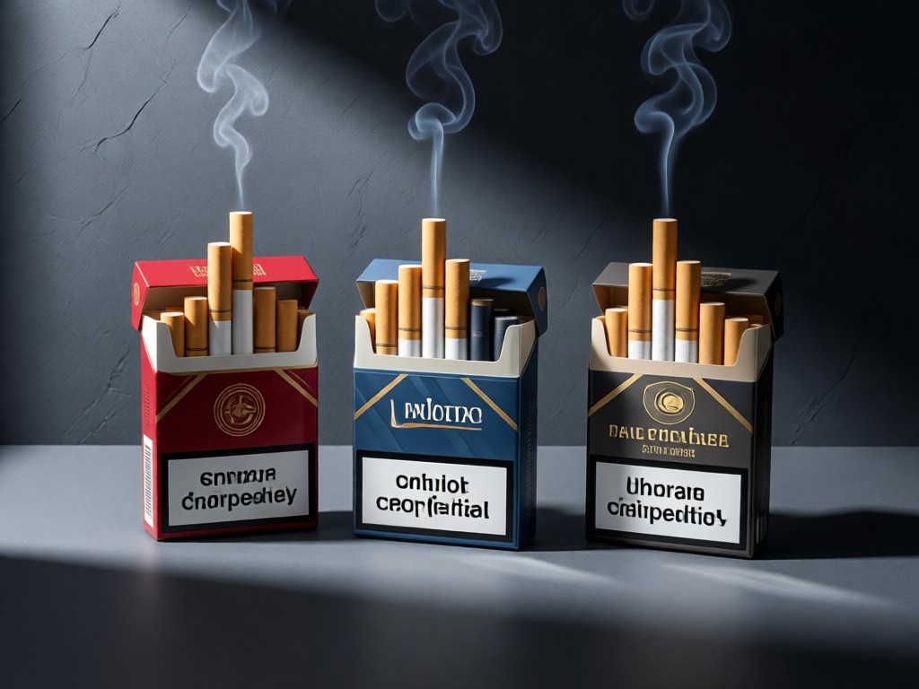 A minimalist display of three distinct cigarette packs against a slate backdrop. Soft side lighting creates clean shadows, emphasizing typography and textures. No people.