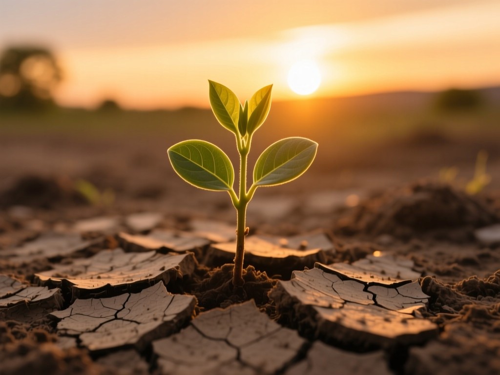 A single thriving sapling growing from cracked earth at sunset, golden light emphasizing growth against challenges, shallow depth of field, warm earth tones, no people.