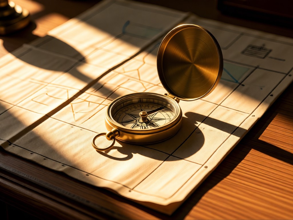A vintage brass compass resting on a folded linen map with subtle route markings. Warm sunlight creates long shadows across the desk surface. No people.