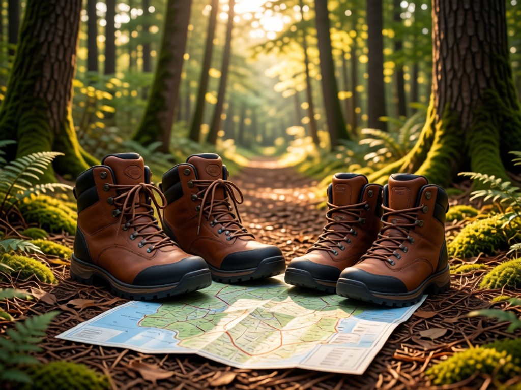 Three different sized hiking boots arranged near a trail map. Soft forest light filters through trees. Symbolizes individual paths. No people.